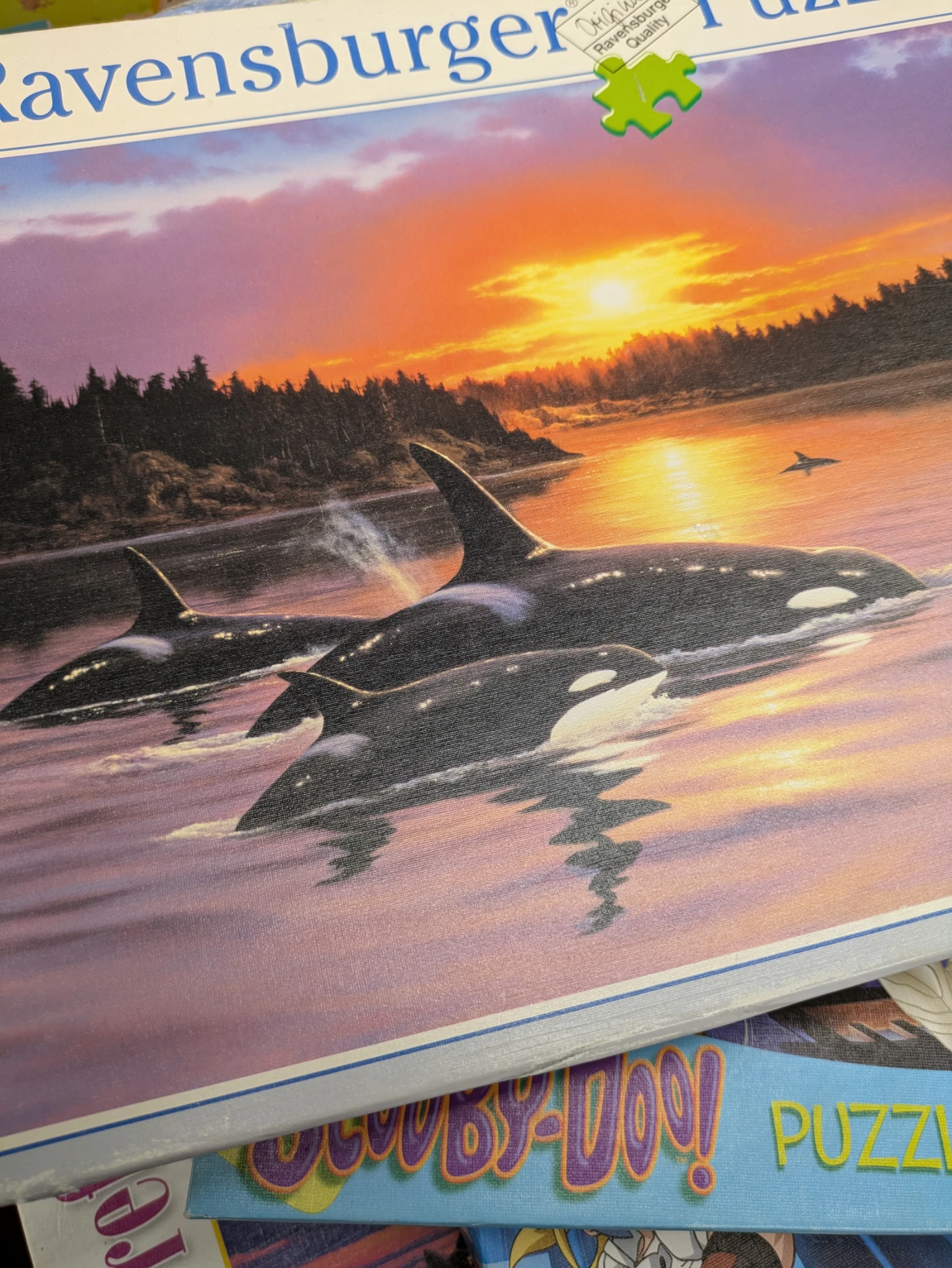 eine puzzleschachtel, das motiv sind wale im sonnenuntergang