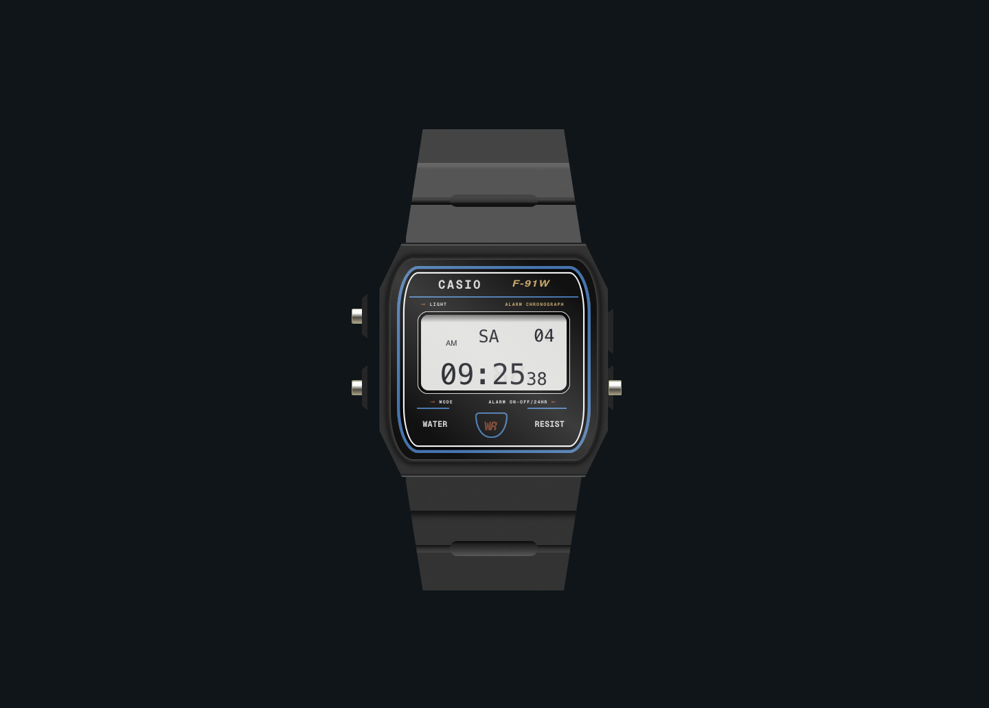 A detailed digital illustration of a Casio F-91W digital watch on a dark background, showing the time 09:25:38 on Saturday the 4th. The watch features the classic black resin case and band with blue accent lines and the iconic WR (water resist) badge.