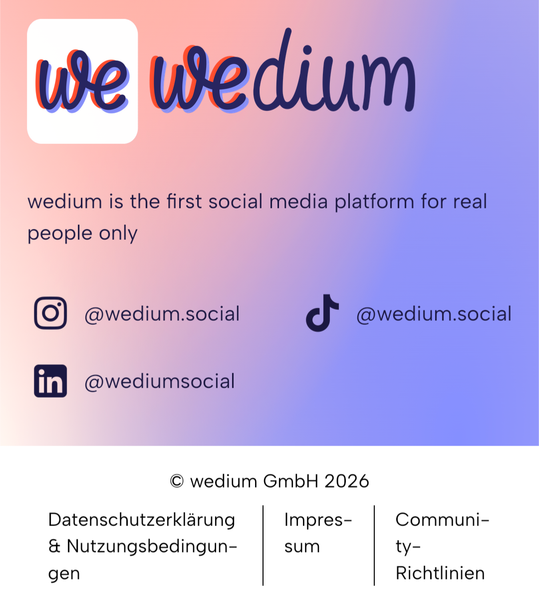 footer von wedium.social in rosa blau, dem logo und ihren accounts auf insta tiktok und linkedin