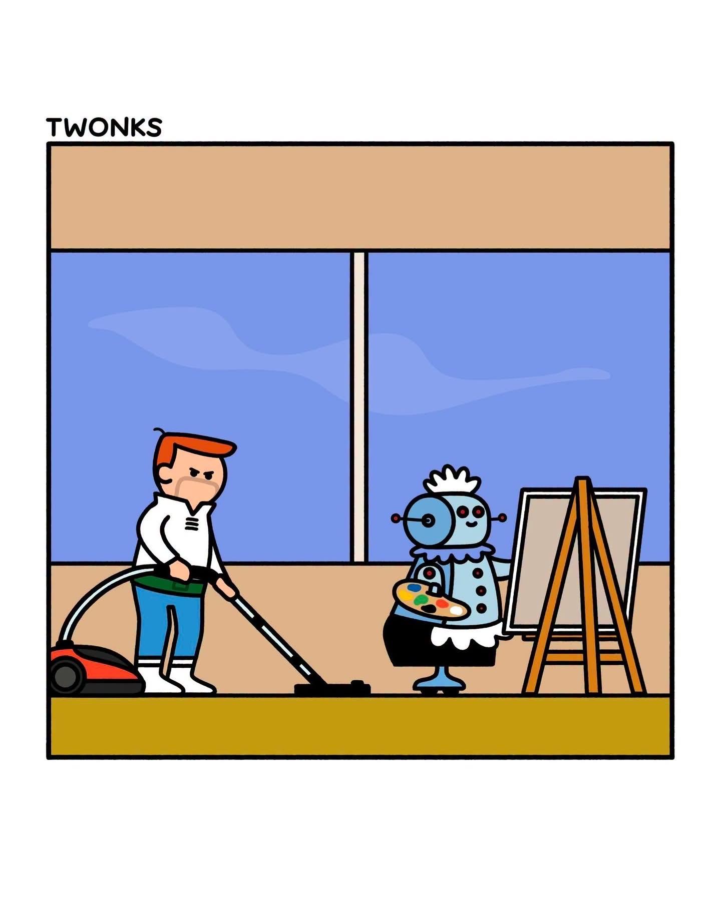 A single pane comic in the style of the Jetsons.  Mr. Jetson is vacuuming while Rosie the robot is painting on a canvas.