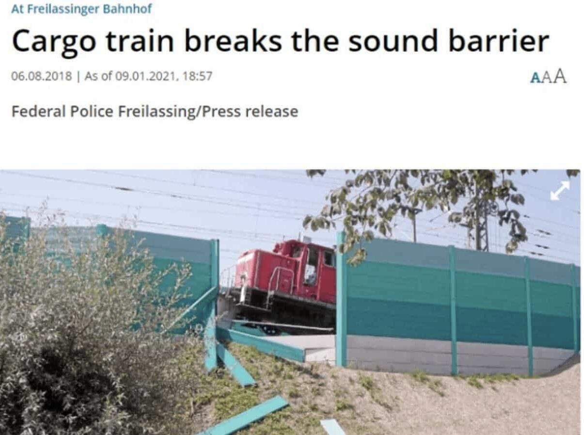 At Freilassinger Bahnhof

Cargo train breaks the sound barrier
06.08.2018 | As of 09.01.2021, 18:57

Federal Police Freilassing/Press release

[a photo of a cargo train breaking a noise wall]