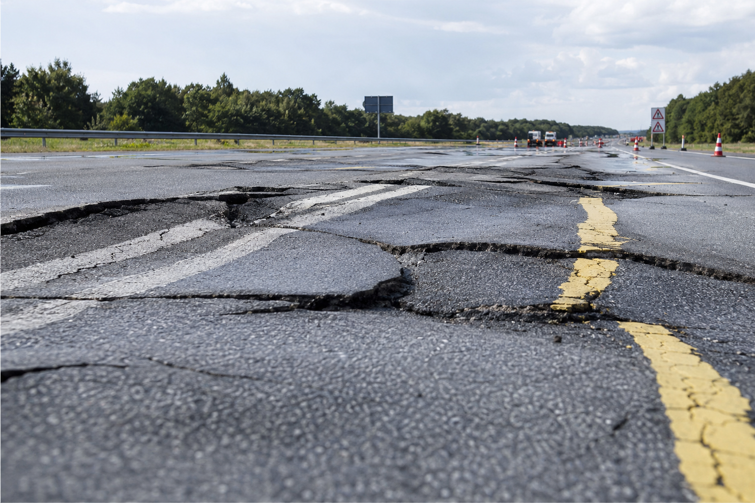 Nahaufnahme einer durch Hitze stark beschädigten Autobahn. Der Asphalt ist großflächig aufgebrochen und aufgewölbt, tiefe Risse ziehen sich über mehrere Fahrspuren. Im Hintergrund stehen Warnbaken und Verkehrsschilder, darüber ein heller, leicht bewölkter Himmel.