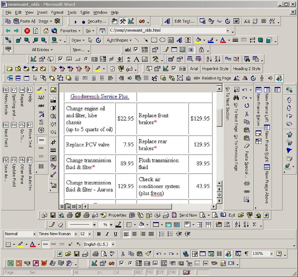 A screenshot of a very messy Microsoft Word installation. It is full with dozens of toolbars in all four corners. Only a small part of the screen is filled with actual content.