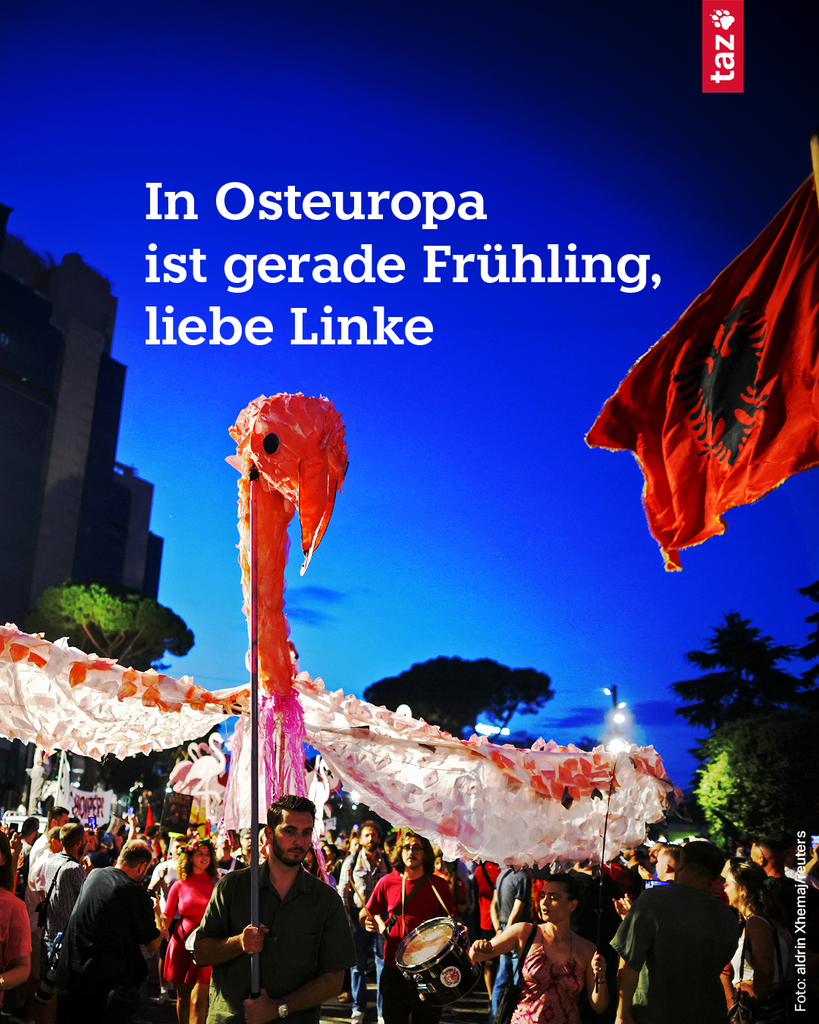 Demonstrant*innen in tragen die Figur einen rießigen rosa Flamigo durch die Straßen. Kontext des Bildes: Protest in Tirana, Albanien, gegen die Regierung, die ein Luxusresort in einem ökologisch sensiblen Küstenabschnitt bauen lassen möchte. Dazu der Titel: In Osteuropa ist gerade Frühling, liebe Linke