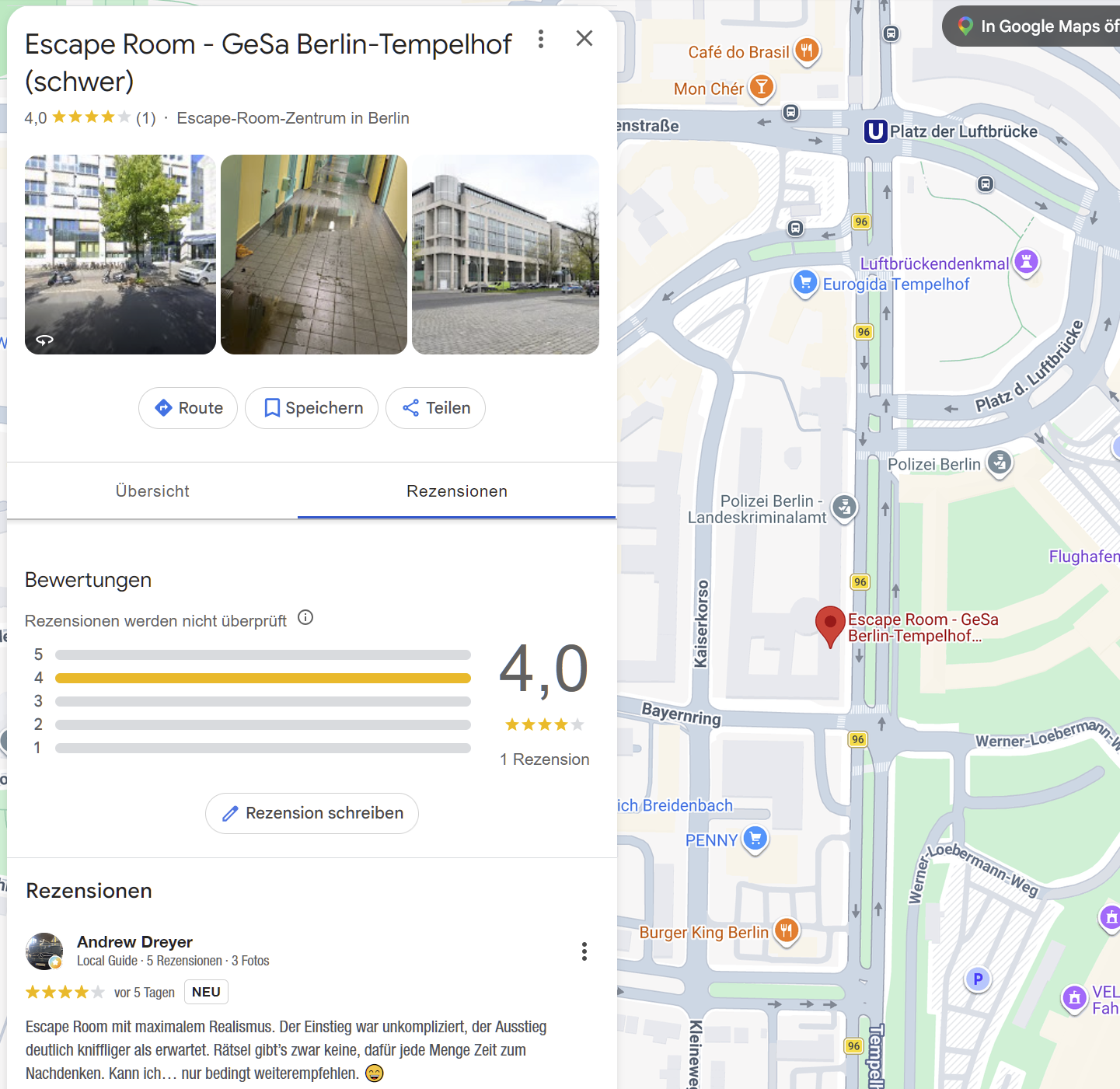 Screenshot einer Google-Bewertung:
"Andrew Dreyer
Local Guide·5 Rezensionen·3 Fotos
vor 5 Tagen
Escape Room mit maximalem Realismus. Der Einstieg war unkompliziert, der Ausstieg deutlich kniffliger als erwartet. Rätsel gibt’s zwar keine, dafür jede Menge Zeit zum Nachdenken. Kann ich… nur bedingt weiterempfehlen. 😄"

Drei Fotos, zwei des Gebäudes von außen, eines von einem Gang mit Zellen und Wasserpfützen am Boden.