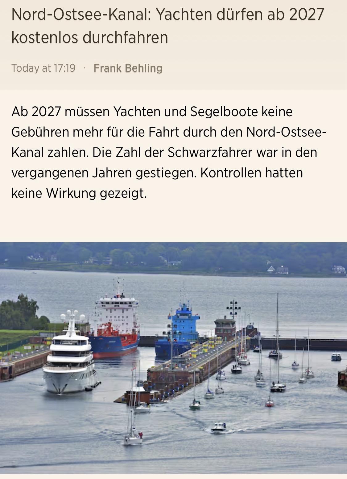 Nord-Ostsee-Kanal: Yachten dürfen ab 2027 kostenlos durchfahren

Ab 2027 müssen Yachten und Segelboote keine Gebühren mehr für die Fahrt durch den Nord-Ostsee-Kanal zahlen. Die Zahl der Schwarzfahrer war in den vergangenen Jahren gestiegen. Kontrollen hatten keine Wirkung gezeigt.