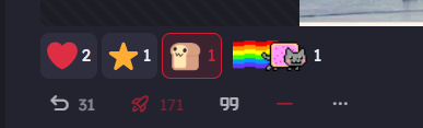 screenshot (Ausschnitt) eines Posts im Fediverse, der 2 Herzen, 2 Sterne, ein Toastbrot und eine nyan-Katze erhalten hat.